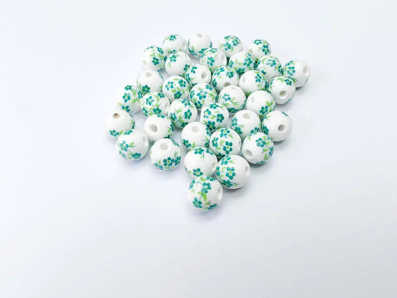 10 Round Flower Porcelain Bead, White and Green Ceramic Beads with Floral Print, Glossy Surface, Romantic Style, DIY Jewelry Making 10mm G37053