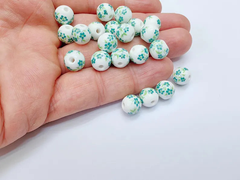 10 Round Flower Porcelain Bead, White and Green Ceramic Beads with Floral Print, Glossy Surface, Romantic Style, DIY Jewelry Making 10mm G37053
