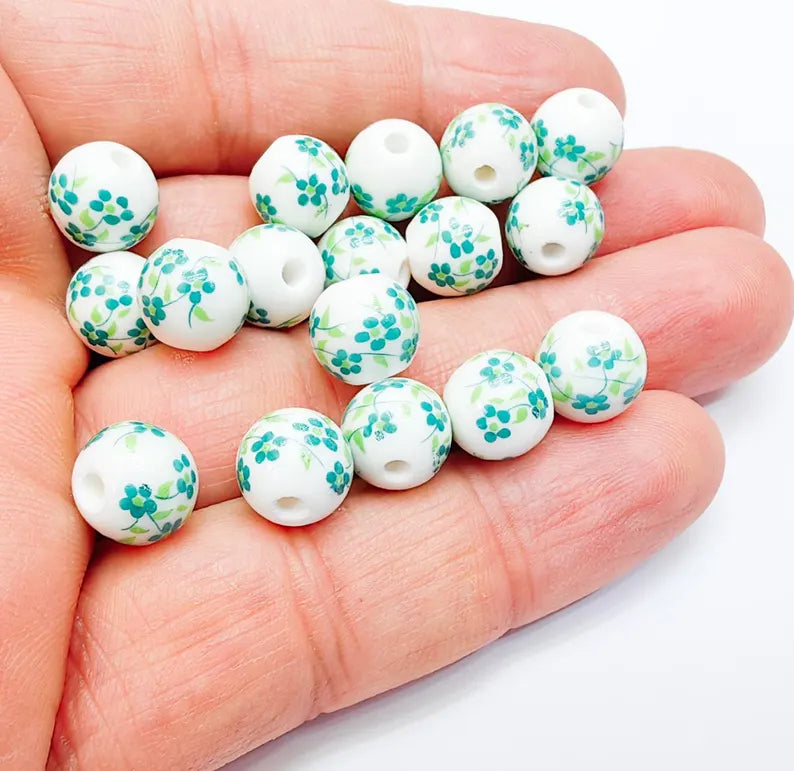 10 Round Flower Porcelain Bead, White and Green Ceramic Beads with Floral Print, Glossy Surface, Romantic Style, DIY Jewelry Making 10mm G37053