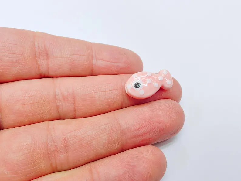 4 Porcelain Fish Beads, Pink with White Dots, Ceramic Animal Beads, Flat Back, Cute Fish Charms, Jewelry Making Supplies 19x10mm G37054