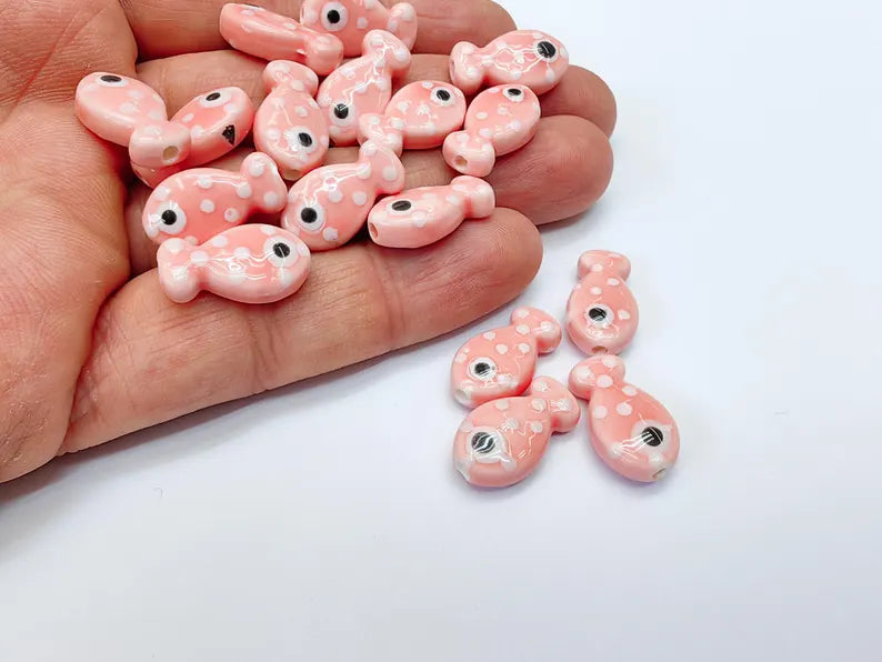 4 Porcelain Fish Beads, Pink with White Dots, Ceramic Animal Beads, Flat Back, Cute Fish Charms, Jewelry Making Supplies 19x10mm G37054