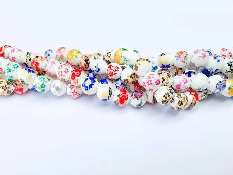 35 Floral Round Porcelain Ceramic Bead Strand, 35 Pcs Full Strand, White Beads with Colorful Flower Print, 10mm Glossy Jewelry Bead G37055
