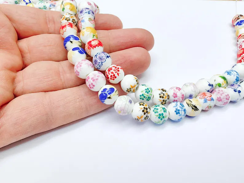 35 Floral Round Porcelain Ceramic Bead Strand, 35 Pcs Full Strand, White Beads with Colorful Flower Print, 10mm Glossy Jewelry Bead G37055