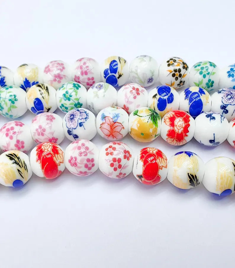 35 Floral Round Porcelain Ceramic Bead Strand, 35 Pcs Full Strand, White Beads with Colorful Flower Print, 10mm Glossy Jewelry Bead G37055