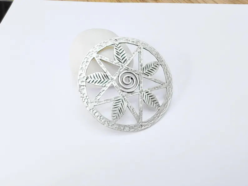 Pentagram Leaf Pendant, Spiral Center Charm, Boho Sacred Geometry Charm, Handmade Craft Supplies, Antique Silver Plated 68mm G37056