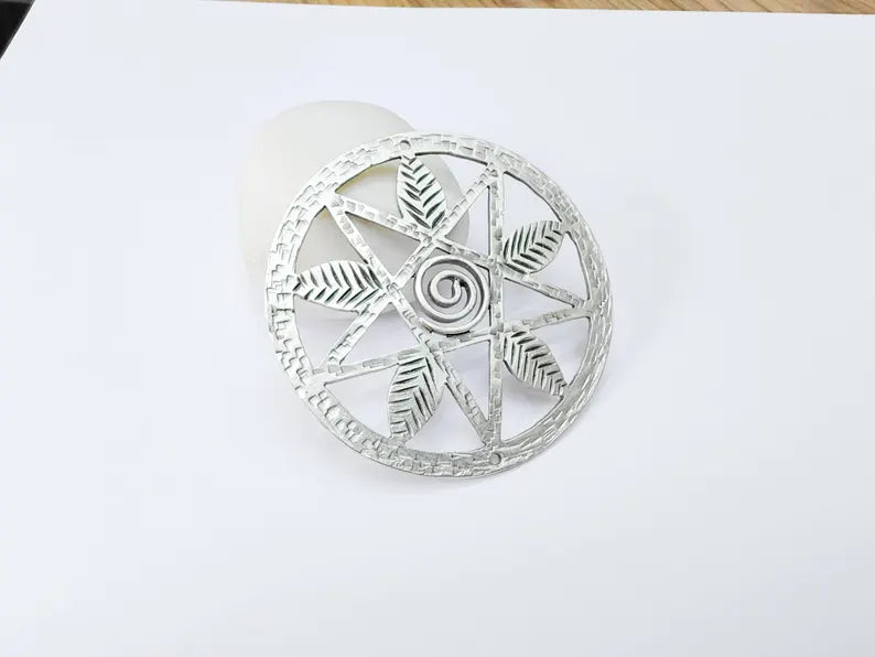 Pentagram Leaf Pendant, Spiral Center Charm, Boho Sacred Geometry Charm, Handmade Craft Supplies, Antique Silver Plated 68mm G37056