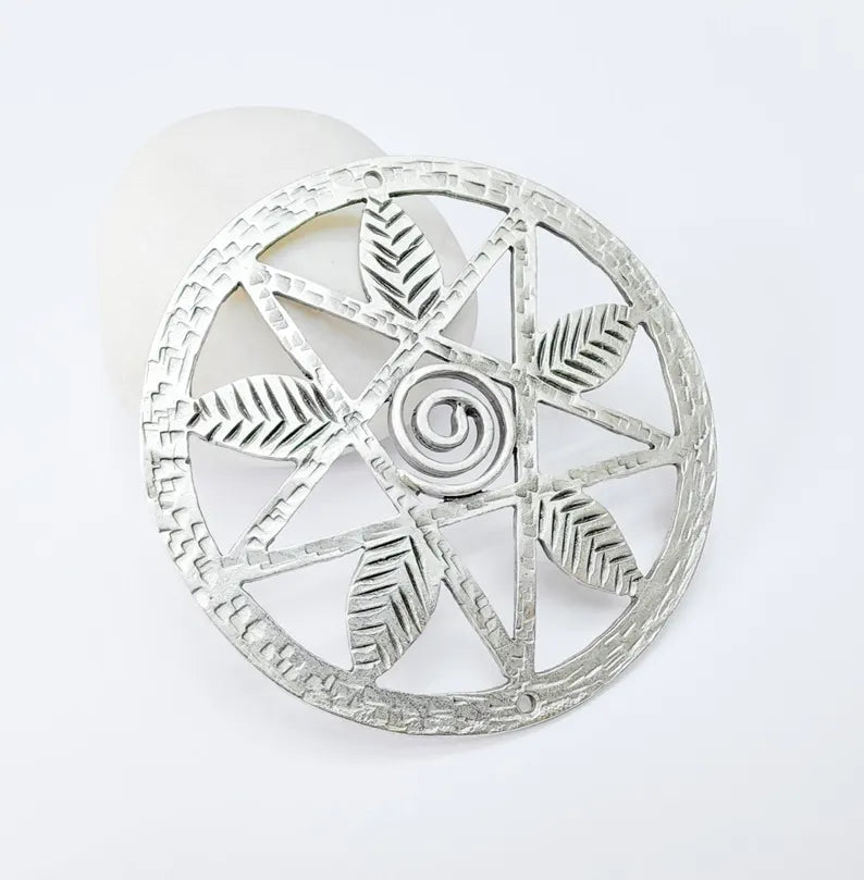 Pentagram Leaf Pendant, Spiral Center Charm, Boho Sacred Geometry Charm, Handmade Craft Supplies, Antique Silver Plated 68mm G37056