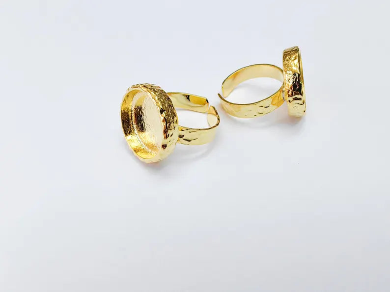 Round Ring Blank Settings, Cabochon Mounting, Adjustable Shiny Gold Plated Resin Ring Base Bezel, Inlay Mosaic Epoxy (16mm) G37058