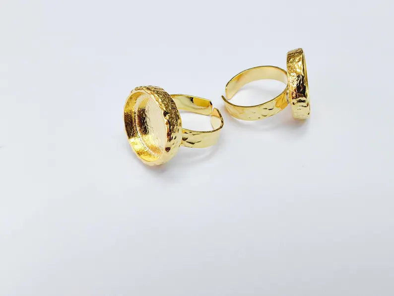 Round Ring Blank Settings, Cabochon Mounting, Adjustable Shiny Gold Plated Resin Ring Base Bezel, Inlay Mosaic Epoxy (16mm) G37058