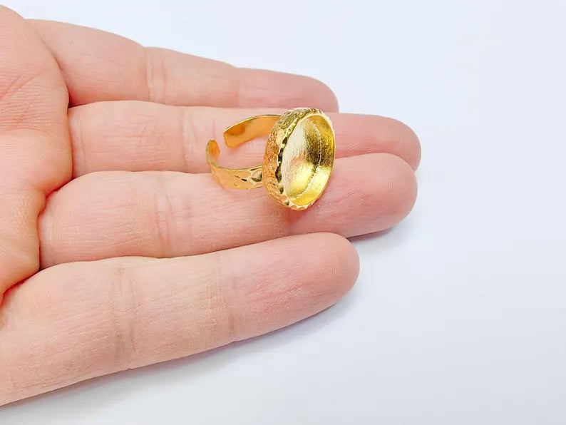 Round Ring Blank Settings, Cabochon Mounting, Adjustable Shiny Gold Plated Resin Ring Base Bezel, Inlay Mosaic Epoxy (16mm) G37058