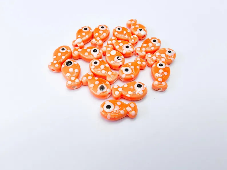 4 Porcelain Fish Beads, Red with White Dots, Ceramic Animal Beads, Flat Back, Cute Fish Charms, Jewelry Making Supplies 19x10mm G37059