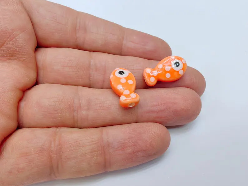 4 Porcelain Fish Beads, Red with White Dots, Ceramic Animal Beads, Flat Back, Cute Fish Charms, Jewelry Making Supplies 19x10mm G37059