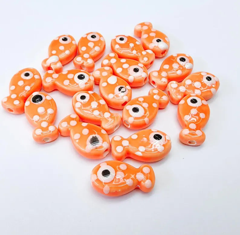 4 Porcelain Fish Beads, Red with White Dots, Ceramic Animal Beads, Flat Back, Cute Fish Charms, Jewelry Making Supplies 19x10mm G37059