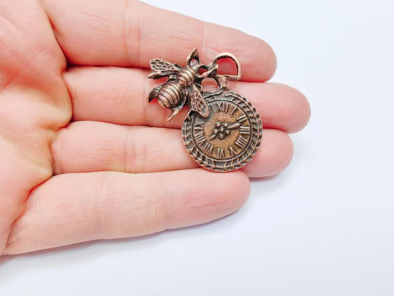 Bee and Clock Charm Antique Copper Plated Charms (46x32mm) G37061