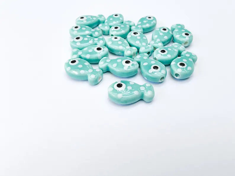 4 Porcelain Fish Beads, Turquoise Blue with White Dots, Ceramic Animal Beads, Flat Back, Cute Fish Charms, Jewelry Supplies 19x10mm G37062