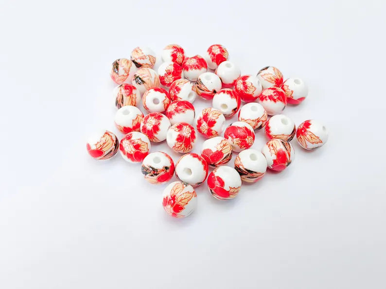 10 Red Floral Porcelain Beads, 10mm Round Ceramic Beads with Hole, Jewelry Making Supplies, DIY Necklace Bracelet Earrings Craft G37064