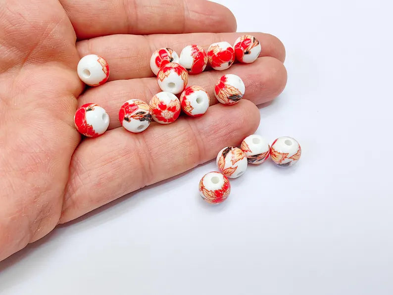 10 Red Floral Porcelain Beads, 10mm Round Ceramic Beads with Hole, Jewelry Making Supplies, DIY Necklace Bracelet Earrings Craft G37064