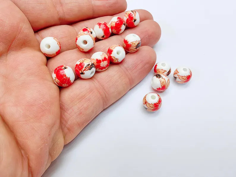10 Red Floral Porcelain Beads, 10mm Round Ceramic Beads with Hole, Jewelry Making Supplies, DIY Necklace Bracelet Earrings Craft G37064