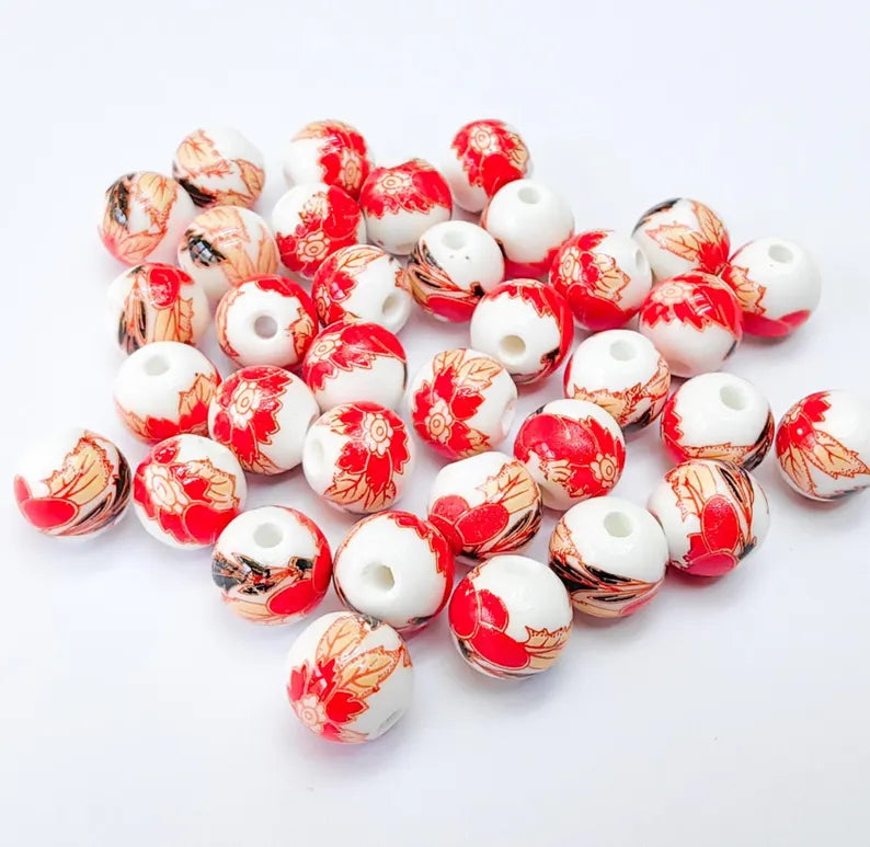 10 Red Floral Porcelain Beads, 10mm Round Ceramic Beads with Hole, Jewelry Making Supplies, DIY Necklace Bracelet Earrings Craft G37064