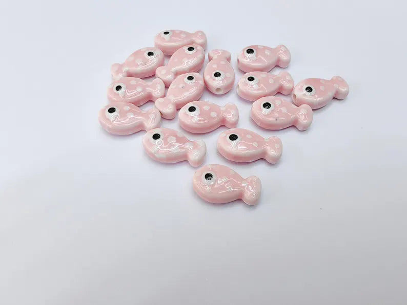 4 Porcelain Fish Beads, Pink with White Dots, Ceramic Animal Beads, Flat Back, Cute Fish Charms, Jewelry Making Supplies 19x10mm G37065