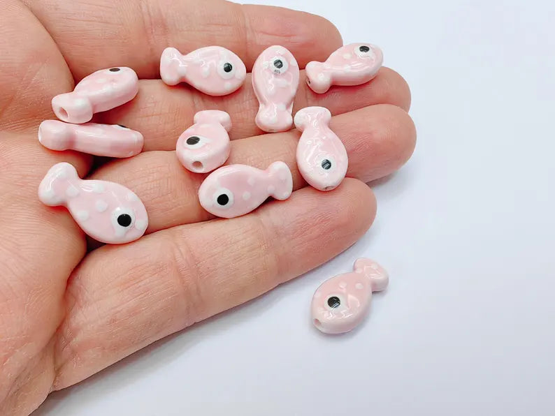 4 Porcelain Fish Beads, Pink with White Dots, Ceramic Animal Beads, Flat Back, Cute Fish Charms, Jewelry Making Supplies 19x10mm G37065