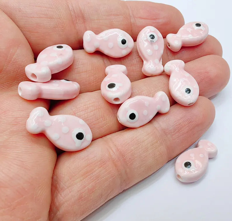 4 Porcelain Fish Beads, Pink with White Dots, Ceramic Animal Beads, Flat Back, Cute Fish Charms, Jewelry Making Supplies 19x10mm G37065