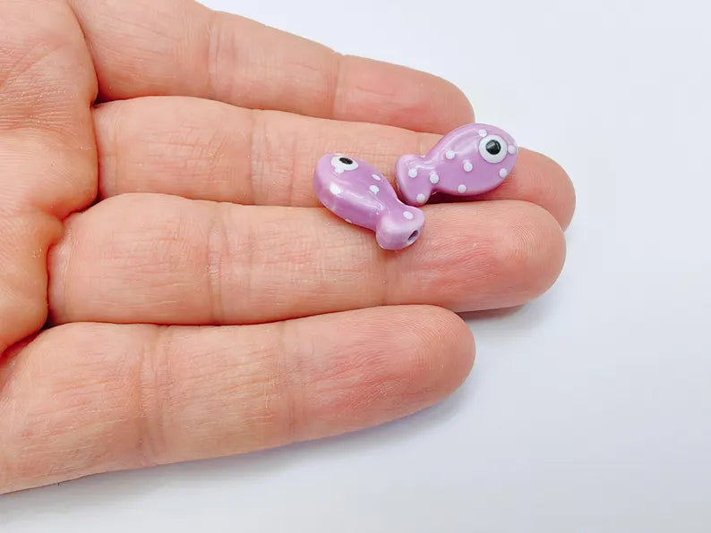 4 Porcelain Fish Beads, Purple with White Dots, Ceramic Animal Beads, Flat Back, Cute Fish Charms, Jewelry Making Supplies 19x10mm G37067