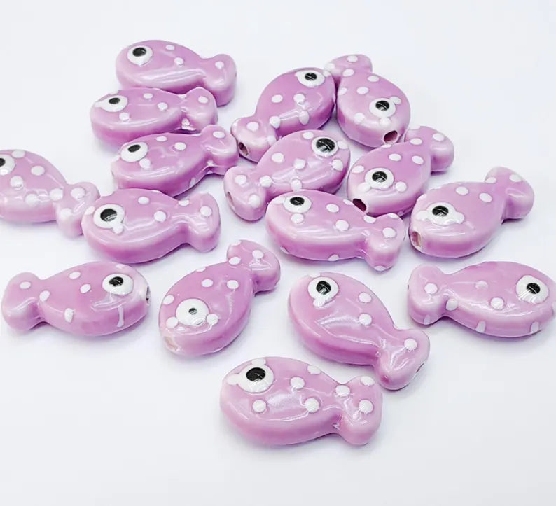 4 Porcelain Fish Beads, Purple with White Dots, Ceramic Animal Beads, Flat Back, Cute Fish Charms, Jewelry Making Supplies 19x10mm G37067