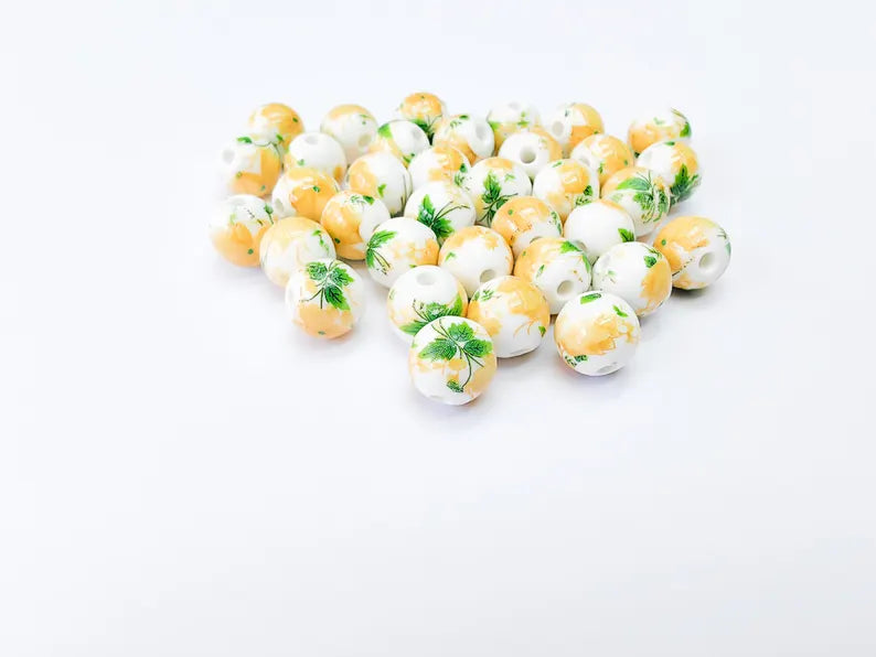 10 Floral Porcelain Beads, 10mm Round Ceramic Beads with Hole, Jewelry Making Supplies, DIY Necklace Bracelet Earrings Craft G37068