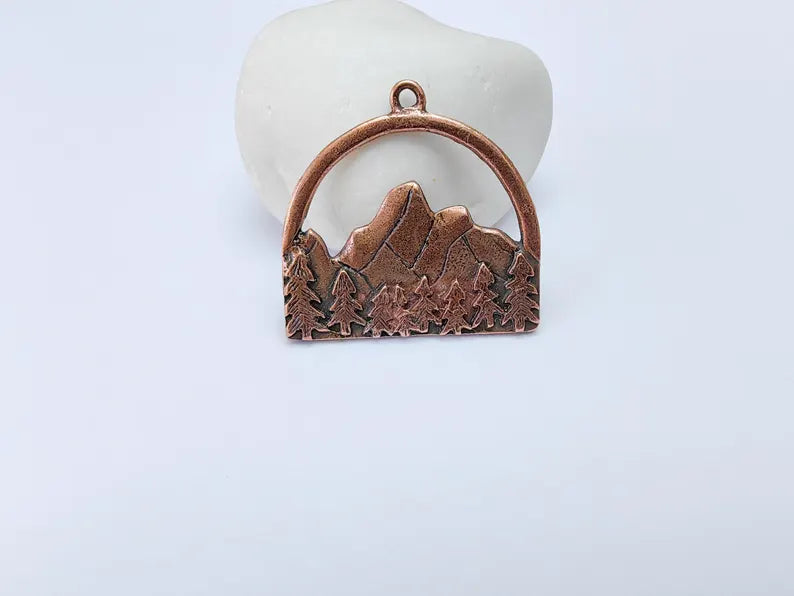 Mountain Forest Charms, Nature Landscape Pendant, Jewelry Supply, Boho Craft Finding Antique Copper Plated Pendant (35x34mm) G37069