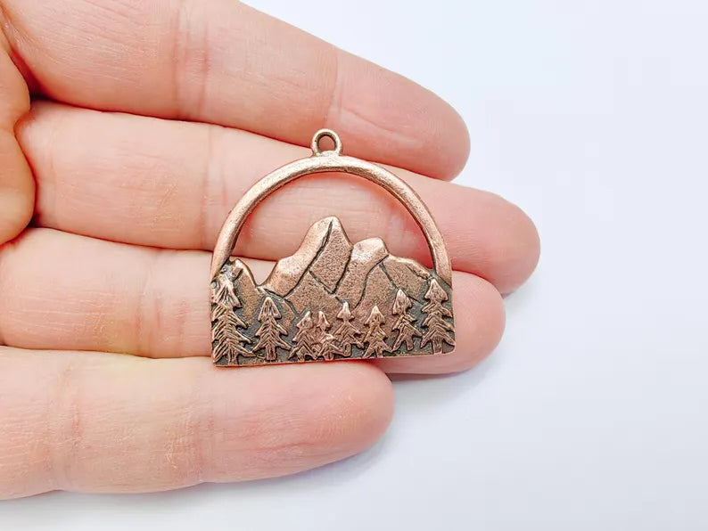 Mountain Forest Charms, Nature Landscape Pendant, Jewelry Supply, Boho Craft Finding Antique Copper Plated Pendant (35x34mm) G37069