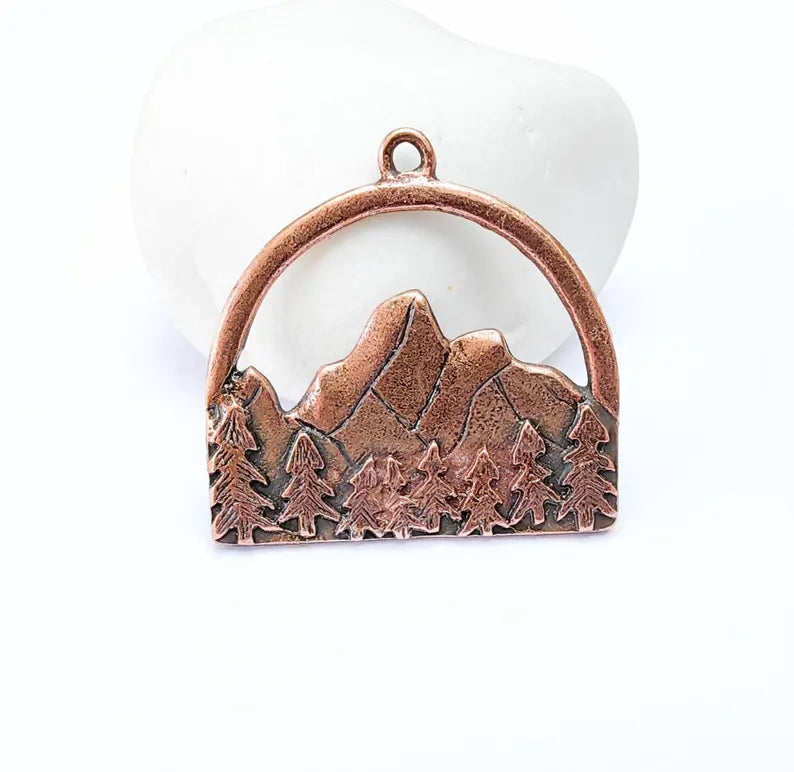 Mountain Forest Charms, Nature Landscape Pendant, Jewelry Supply, Boho Craft Finding Antique Copper Plated Pendant (35x34mm) G37069