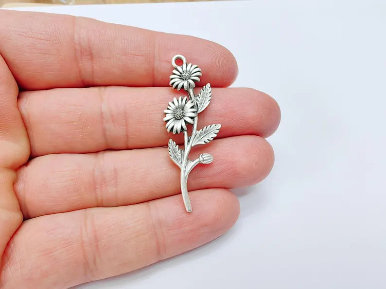 Flower Branch Pendant, Botanical Charm, Daisy Floral Necklace Supply, Nature Inspired Jewelry Making, Antique Silver Plated 46x17mm G37143