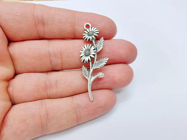 Flower Branch Pendant, Botanical Charm, Daisy Floral Necklace Supply, Nature Inspired Jewelry Making, Antique Silver Plated 46x17mm G37143