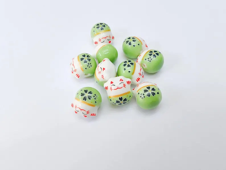 2 Porcelain Cat Bead, Green White Ceramic Animal Beads, Cute Cat Beads, Flower Bead, DIY Jewelry Making, Kids Craft Supplies, 14x13mm G37145