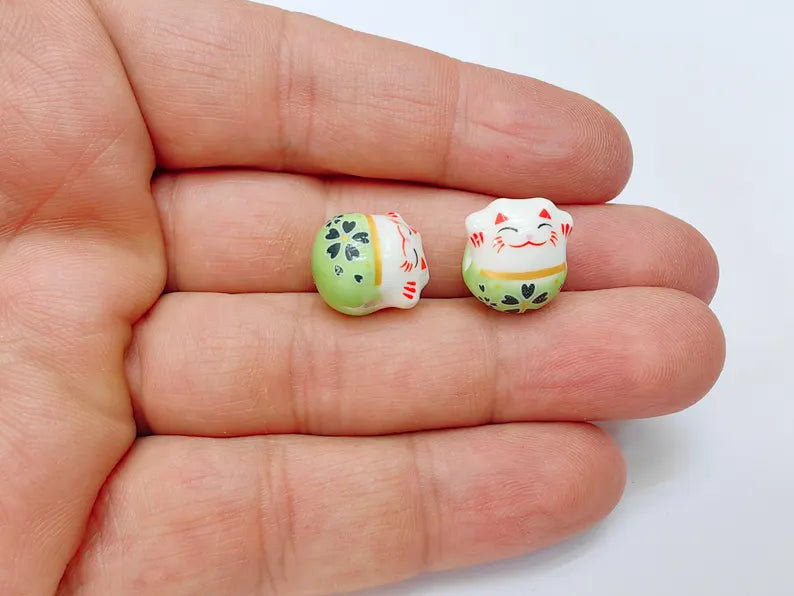 2 Porcelain Cat Bead, Green White Ceramic Animal Beads, Cute Cat Beads, Flower Bead, DIY Jewelry Making, Kids Craft Supplies, 14x13mm G37145