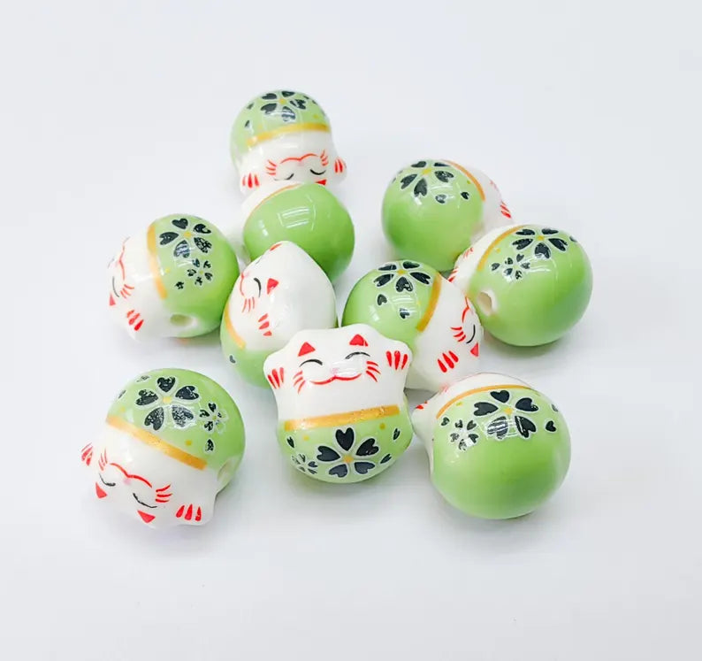 2 Porcelain Cat Bead, Green White Ceramic Animal Beads, Cute Cat Beads, Flower Bead, DIY Jewelry Making, Kids Craft Supplies, 14x13mm G37145
