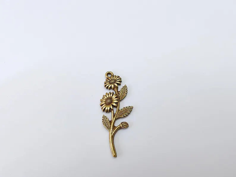 Flower Branch Pendant, Botanical Charm, Daisy Floral Necklace Supply, Nature Inspired Jewelry Making, Antique Bronze Plated 46x17mm G37150
