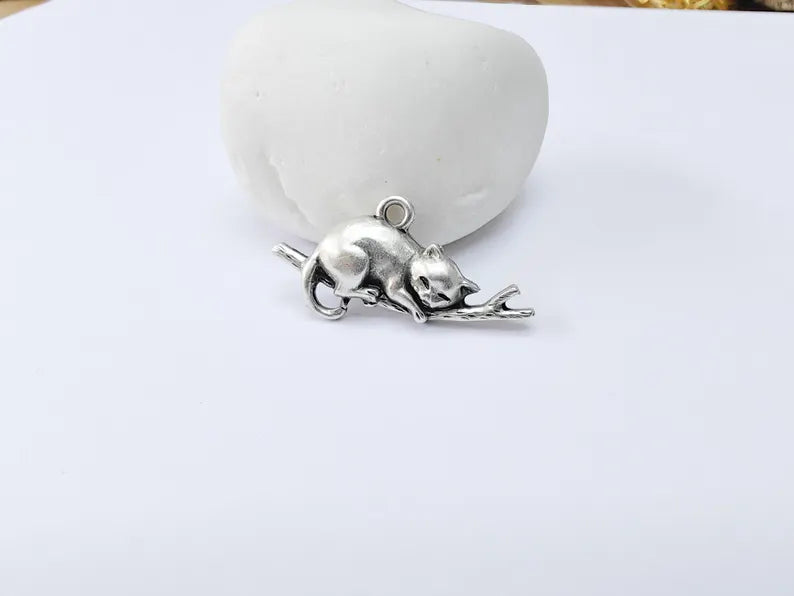 Sleeping Cat on Branch Charm, Peaceful Kitty Pendant, Nature Inspired Animal Jewelry, Earring Supply, Antique Silver Plated 34x18mm G37151