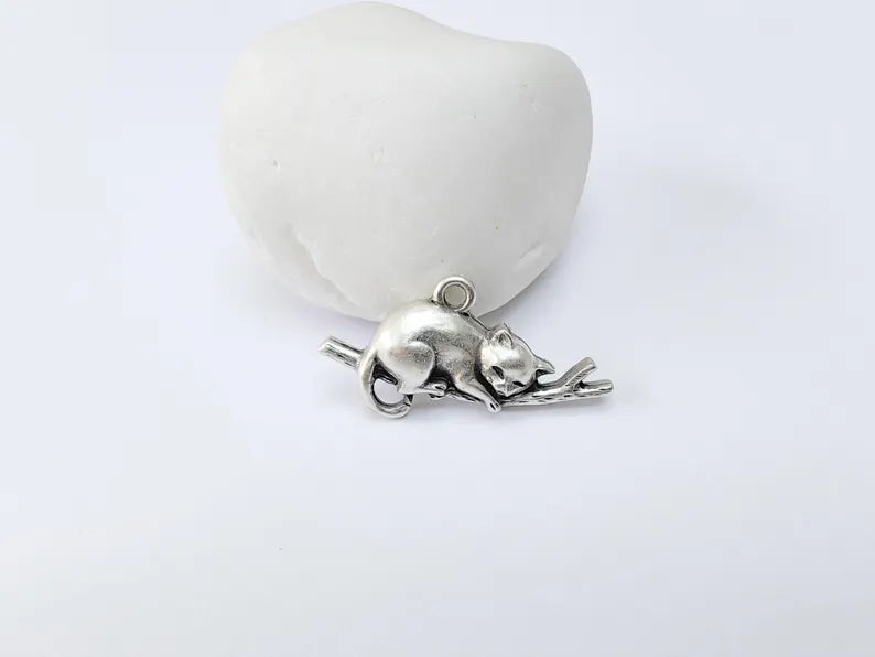 Sleeping Cat on Branch Charm, Peaceful Kitty Pendant, Nature Inspired Animal Jewelry, Earring Supply, Antique Silver Plated 34x18mm G37151