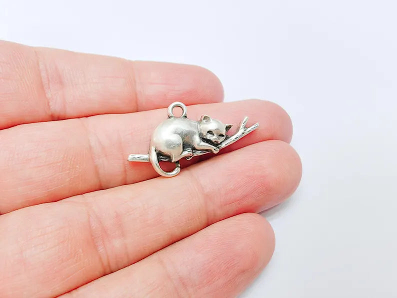 Sleeping Cat on Branch Charm, Peaceful Kitty Pendant, Nature Inspired Animal Jewelry, Earring Supply, Antique Silver Plated 34x18mm G37151