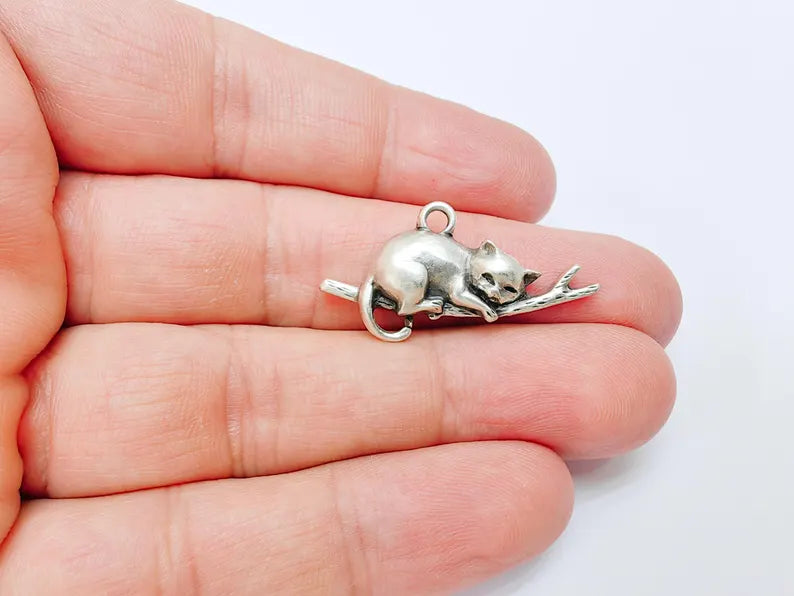 Sleeping Cat on Branch Charm, Peaceful Kitty Pendant, Nature Inspired Animal Jewelry, Earring Supply, Antique Silver Plated 34x18mm G37151