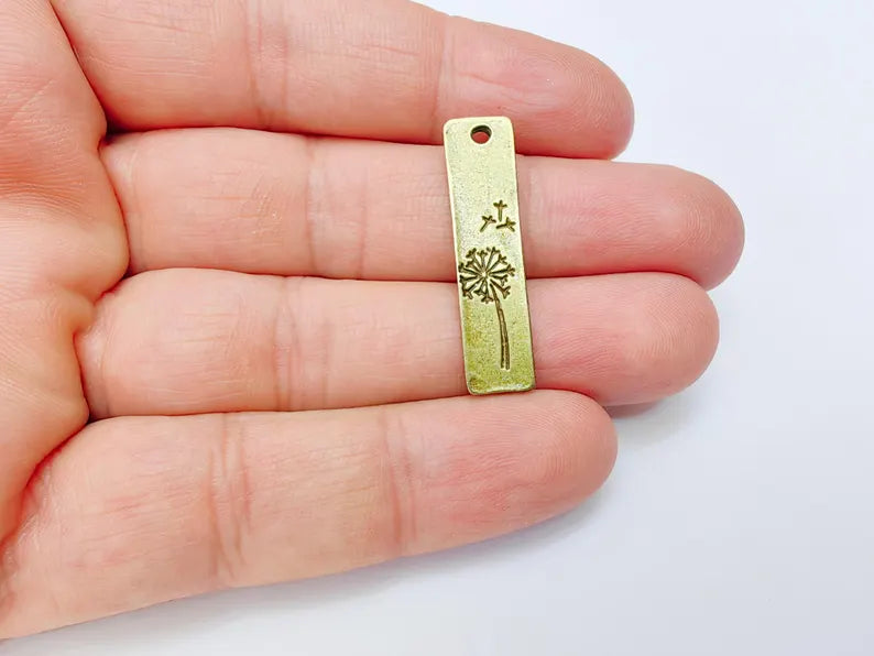 2 Bronze Dandelion Charms, Rectangle, Rustic Charms, Earring Charms, Bronze Pendant, Necklace Parts, Antique Bronze Plated 34x9mm G37155