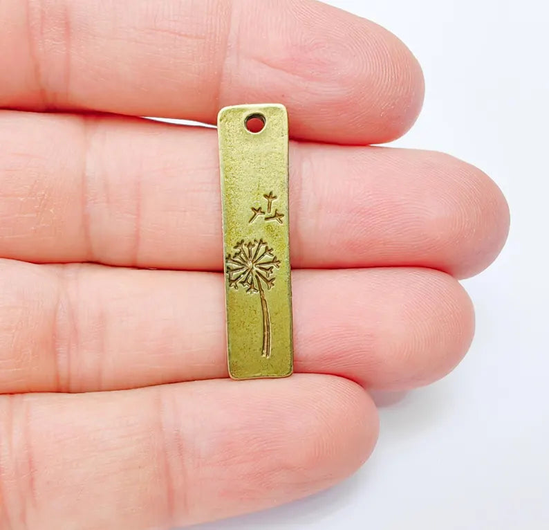 2 Bronze Dandelion Charms, Rectangle, Rustic Charms, Earring Charms, Bronze Pendant, Necklace Parts, Antique Bronze Plated 34x9mm G37155