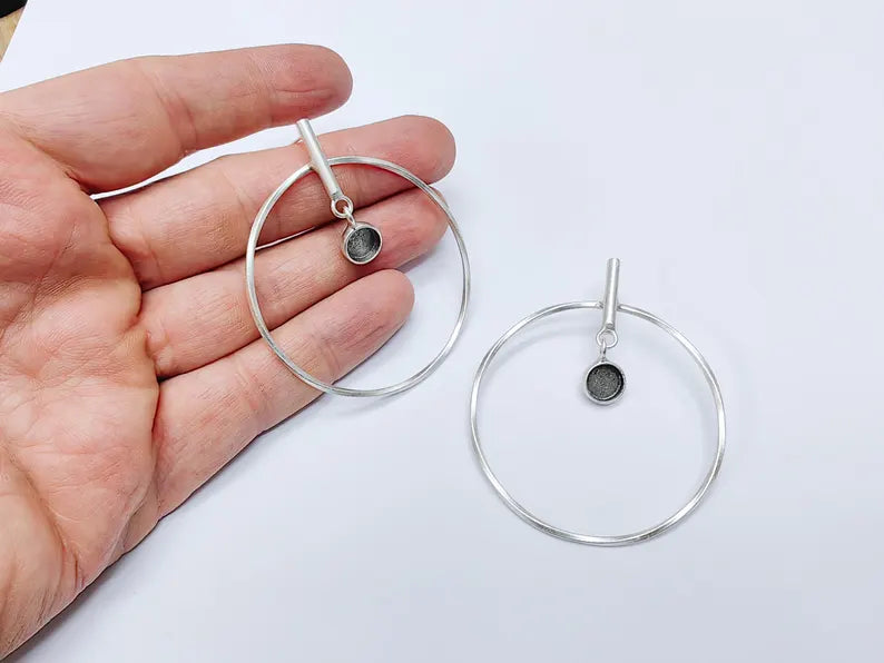 Minimalist Circle Drop Earrings, Antique Silver Plated Geometric Hoops with Small Bezel Charm, Modern Lightweight Jewelry (8mm blank) G37070