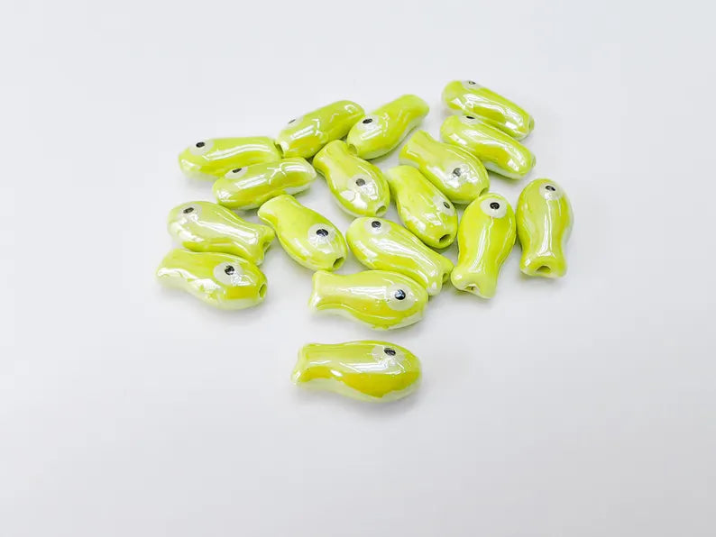 4 Porcelain Fish Beads, Ceramic Fish Beads, Lime Green Beads for Jewelry Making, Cute Fish Beads for DIY Crafts and Accessories 19x10mm G37071
