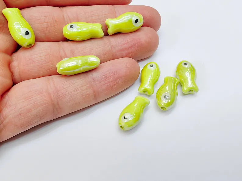 4 Porcelain Fish Beads, Ceramic Fish Beads, Lime Green Beads for Jewelry Making, Cute Fish Beads for DIY Crafts and Accessories 19x10mm G37071