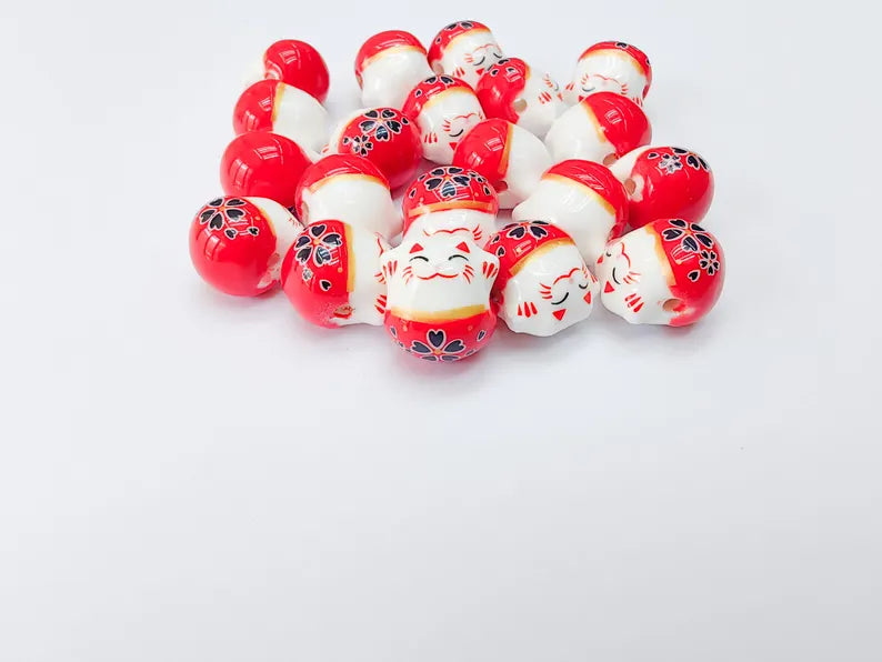 2 Porcelain Cat Bead, Red and White Ceramic Animal Beads, Cute Cat Beads, Flower Bead, DIY Jewelry Making, Kids Craft Supplies, 14x13mm G37072