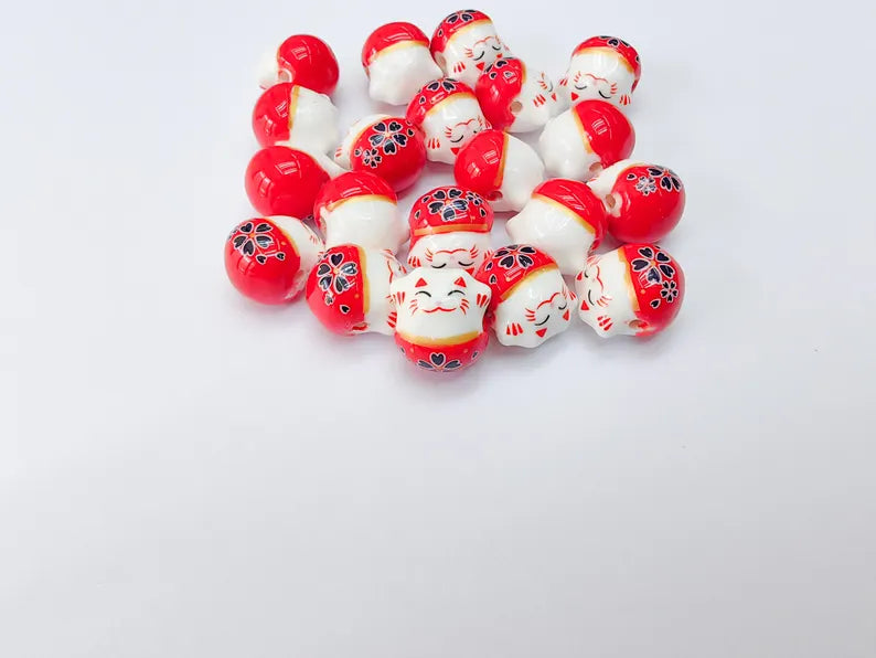 2 Porcelain Cat Bead, Red and White Ceramic Animal Beads, Cute Cat Beads, Flower Bead, DIY Jewelry Making, Kids Craft Supplies, 14x13mm G37072