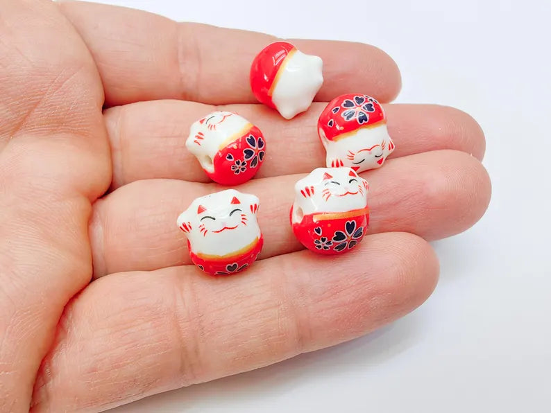 2 Porcelain Cat Bead, Red and White Ceramic Animal Beads, Cute Cat Beads, Flower Bead, DIY Jewelry Making, Kids Craft Supplies, 14x13mm G37072